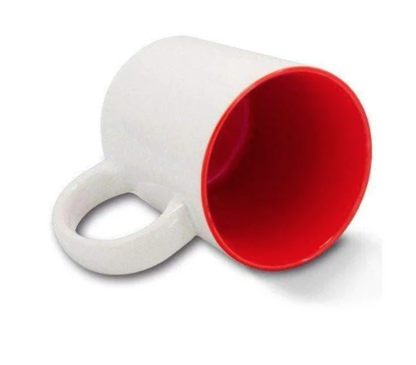 white and red mug