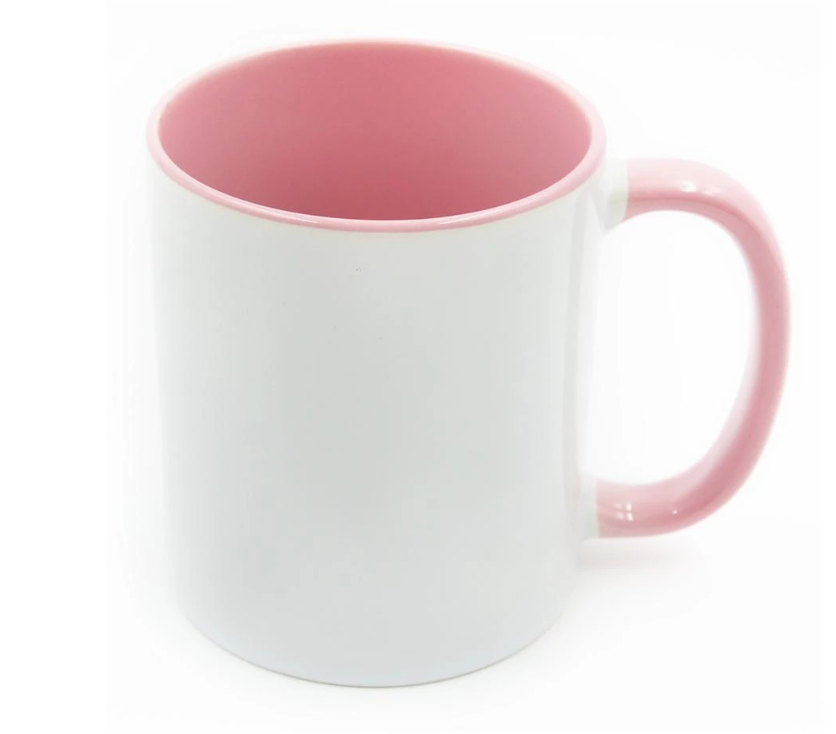 white mug pink handle